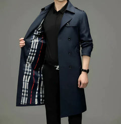 Men’s Double-Breasted Trench Coat – Longline Tailored Design with Structured Lapels and Shoulder Epaulettes