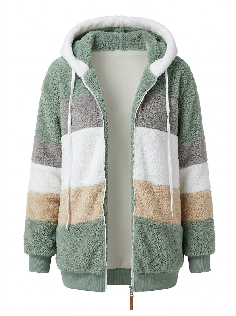 Women’s Colour-Block Teddy Fleece Hooded Jacket – Warm Zip-Up Layer for Winter