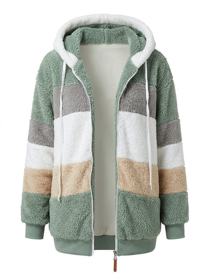 Women’s Colour-Block Teddy Fleece Hooded Jacket – Warm Zip-Up Layer for Winter