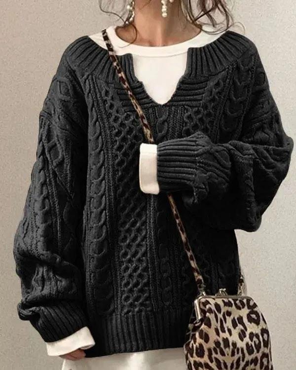 Women’s Oversized Jumper – Chunky Cable-Knit Jumper with V-Neck
