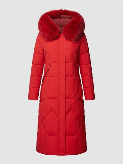 Women’s Faux-Fur Collar Puffer Coat – Shaped Longline Quilted Winter Jacket with High-Neck Protection
