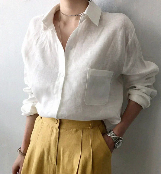 Women’s Relaxed Linen Button-Up Shirt – Breathable Long-Sleeve Style for Work and Leisure