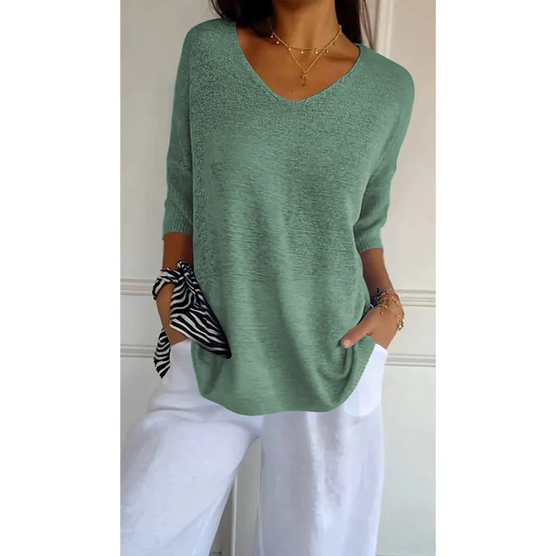 Women’s Relaxed V-Neck Knit Top – Lightweight Longline Layer for Everyday Styling