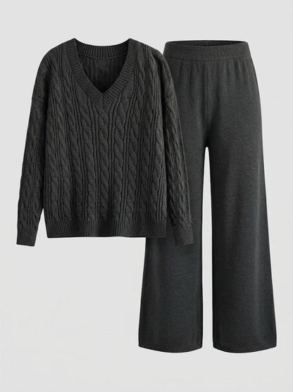 Women’s Cable-Knit Two-Piece Set – V-Neck Jumper with Stretch Wide-Leg Trousers for Autumn and Winter