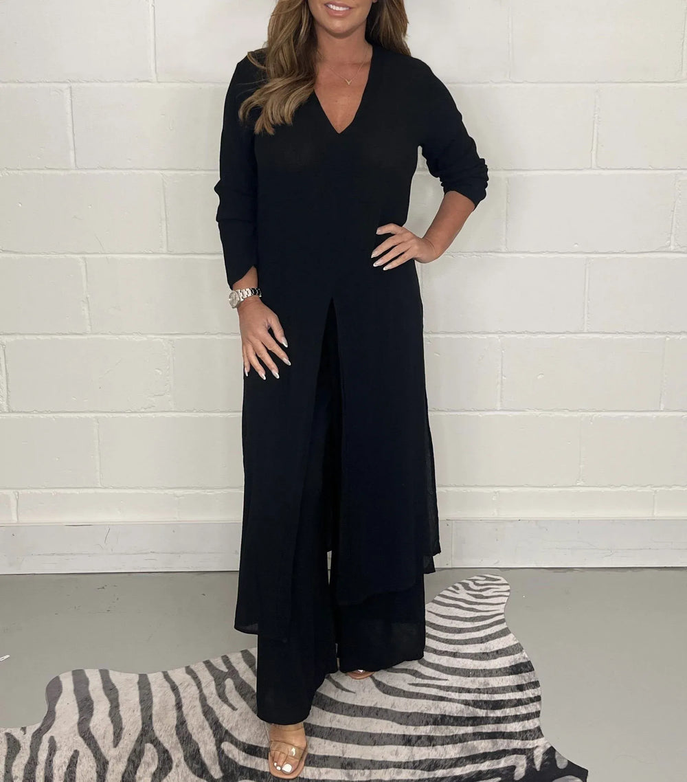 Women’s Longline V-Neck Trouser Set – Split-Hem Tunic Top with Relaxed Wide-Leg Trousers for Smart Casual Wear