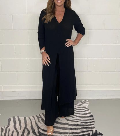 Women’s Longline V-Neck Trouser Set – Split-Hem Tunic Top with Relaxed Wide-Leg Trousers for Smart Casual Wear