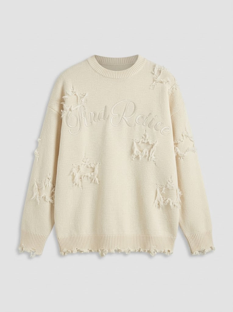 Women’s Distressed Embroidered Knit Sweater – Oversized Pullover with Frayed Details
