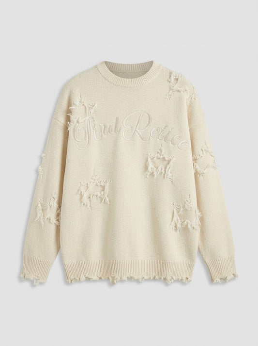 Women’s Distressed Embroidered Knit Sweater – Oversized Pullover with Frayed Details