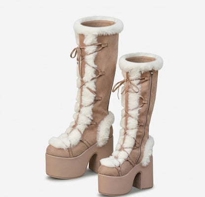 Women’s Suede Platform Knee-High Snow Boots – Plush-Lined Lace-Up Block-Heel Winter Boots