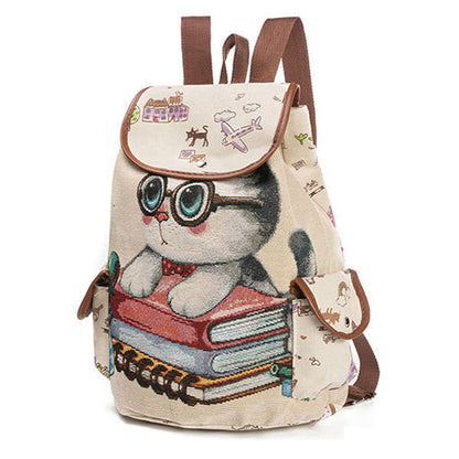 Children’s Cartoon Cat Canvas Backpack – Drawstring School Bag with Flap Closure and Side Pockets
