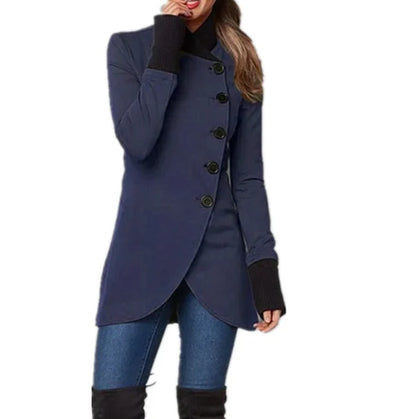 Women’s Asymmetric Button-Front Coat – Tailored Longline Winter Jacket with High Collar and Ribbed Cuffs