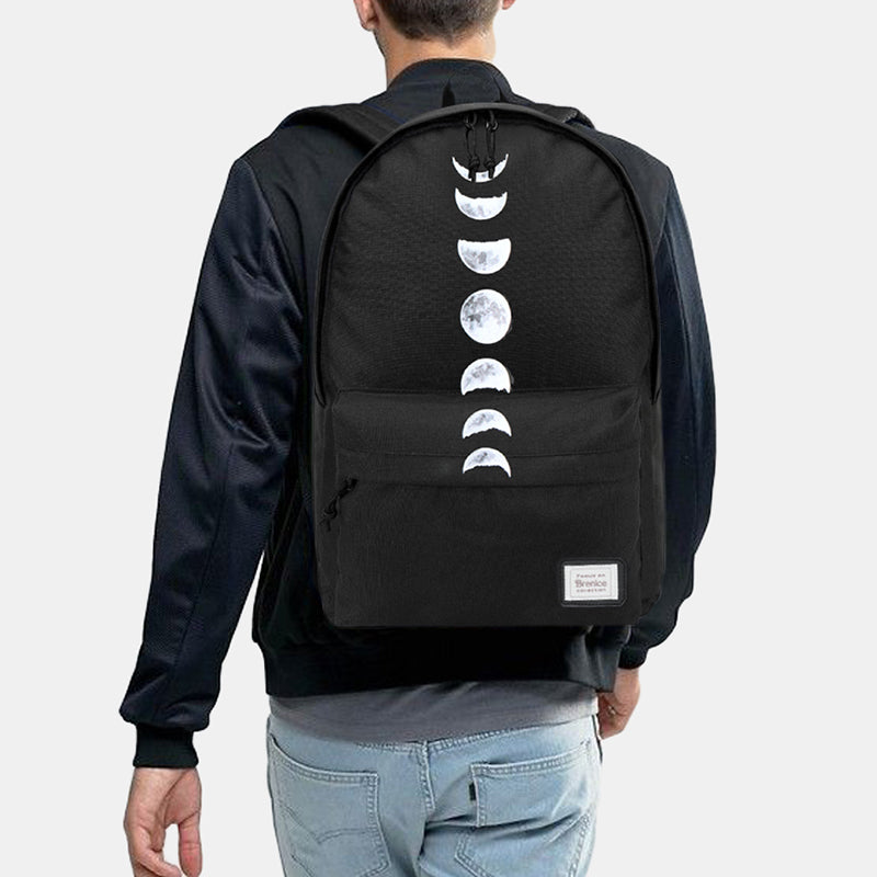 Unisex Moon Phase Oxford Backpack – Casual School Bag with Celestial Print and Front Storage Pocket