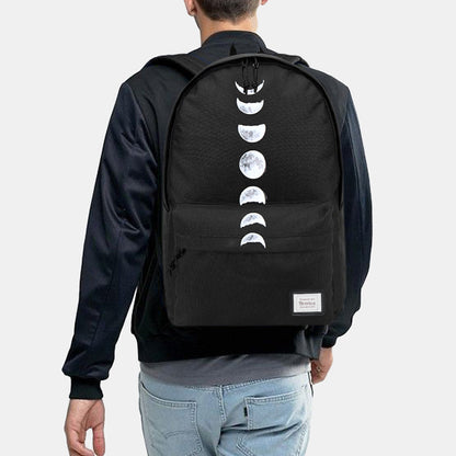 Unisex Moon Phase Oxford Backpack – Casual School Bag with Celestial Print and Front Storage Pocket