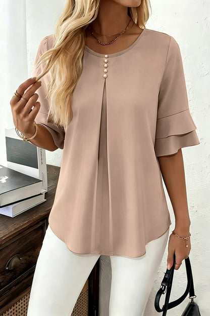 Women’s Ruffle Blouse – Flared Sleeves with Full Button Placket