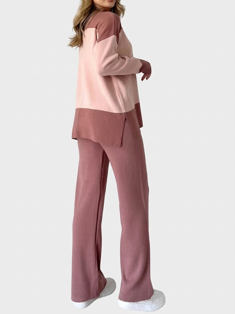 Women’s Colour-Block Knit Co-Ord Set – High-Neck Long-Sleeve Top with Wide-Leg Trousers for Casual Wear