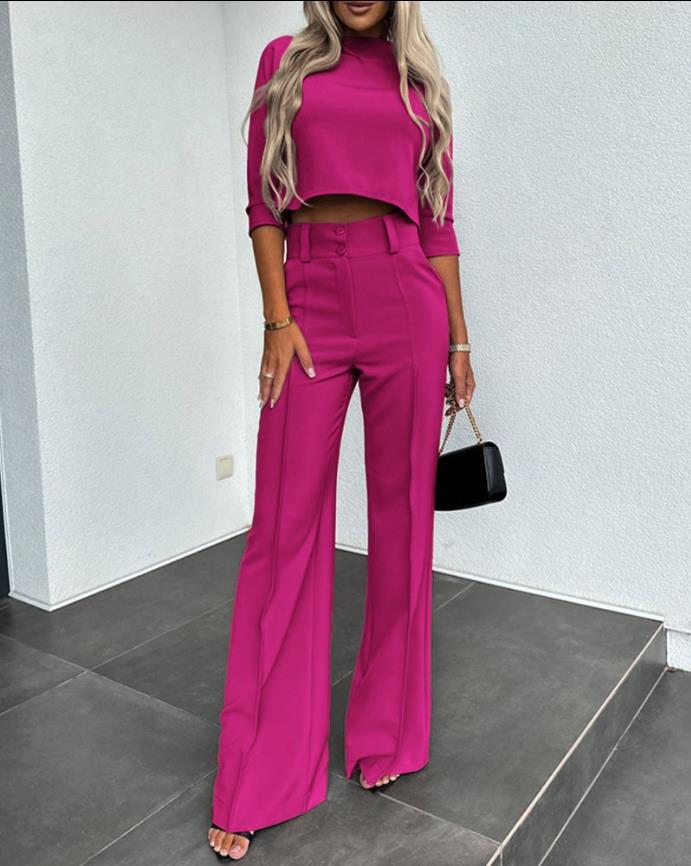 Women’s Cropped Three-Quarter Sleeve Trouser Set – High-Waist Wide-Leg Tailored Co-Ord for Smart Casual Wear