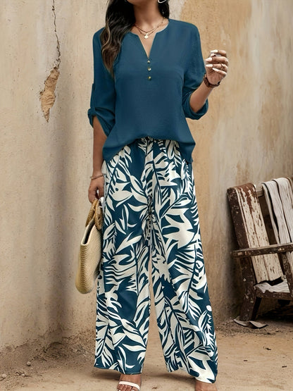 Women’s Two-Piece Set – V-Neck Blouse with Wide-Leg Palazzo Trousers