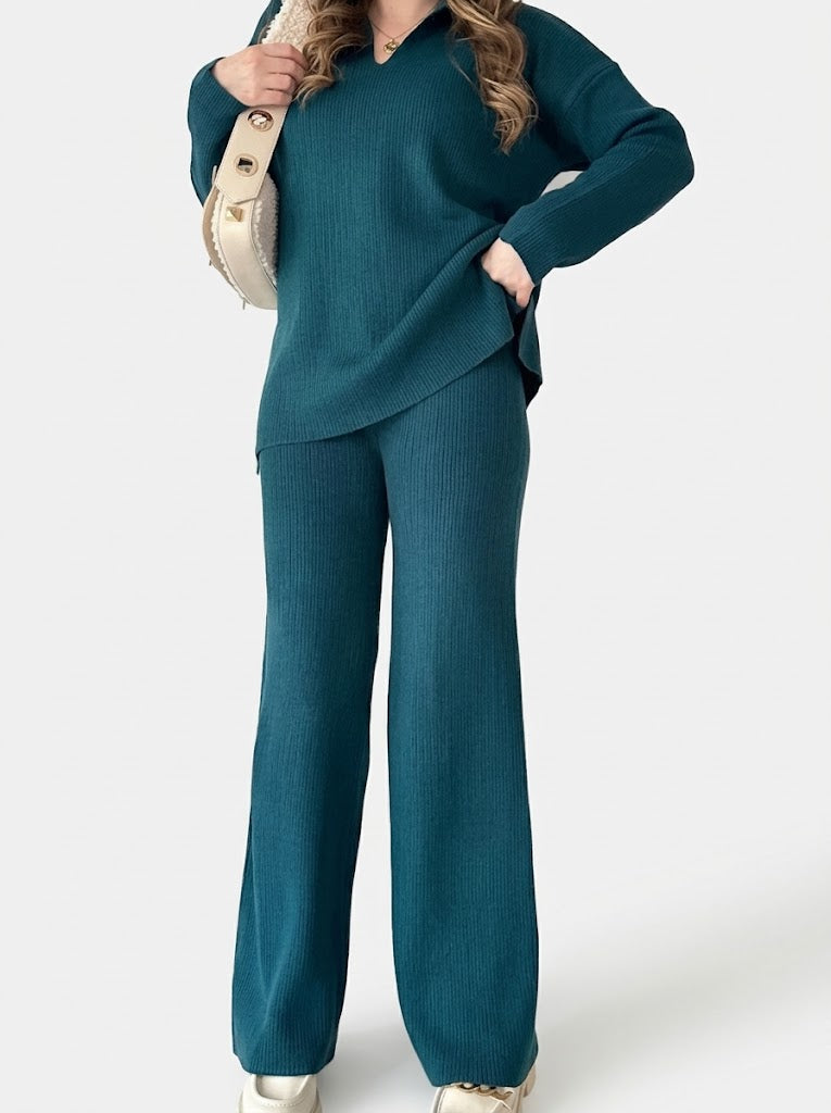 Women’s Ribbed Knit Co-Ord Set – Relaxed V-Neck Tunic Top with Wide-Leg Trousers for Everyday Lounge Wear