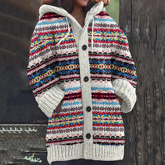 Women’s Hooded Cardigan – Nordic Fair Isle Knit with Patch Pockets