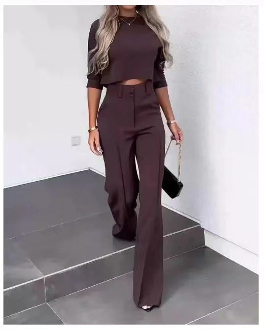 Women’s Cropped Three-Quarter Sleeve Trouser Set – High-Waist Wide-Leg Tailored Co-Ord for Smart Casual Wear