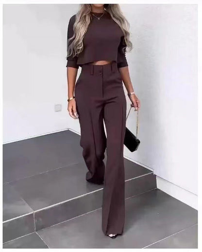 Women’s Cropped Three-Quarter Sleeve Trouser Set – High-Waist Wide-Leg Tailored Co-Ord for Smart Casual Wear