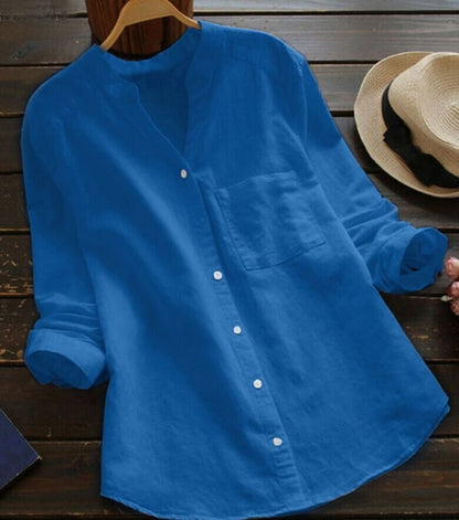 Women’s Linen Collarless Shirt – Breathable Long-Sleeve Layer for Warm Days