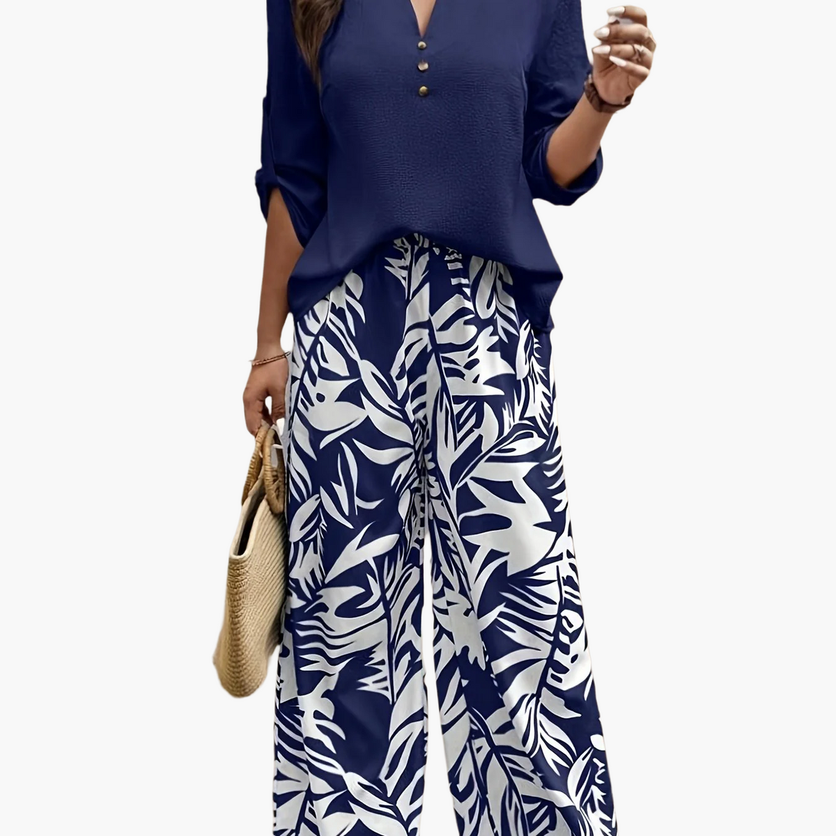 Women’s Two-Piece Set – V-Neck Blouse with Wide-Leg Palazzo Trousers