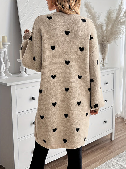 Women’s Open-Front Cardigan – Heart-Print Knit in Beige