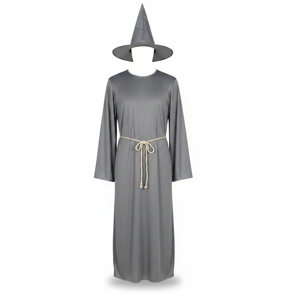 Men's Grey Wizard Robe Hat and Cord Halloween Costume