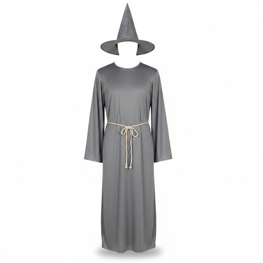 Men's Grey Wizard Robe Hat and Cord Halloween Costume