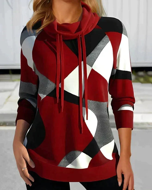 Women’s Abstract Colour-Block Cowl-Neck Sweatshirt – Relaxed Pullover for Stylish Everyday Wear