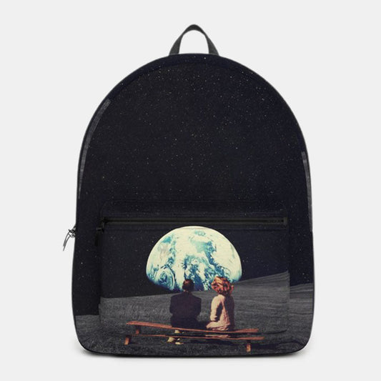 Unisex Space-Print Backpack – Earth and Moon Graphic Design with Front Zip Pocket and Carry Handle