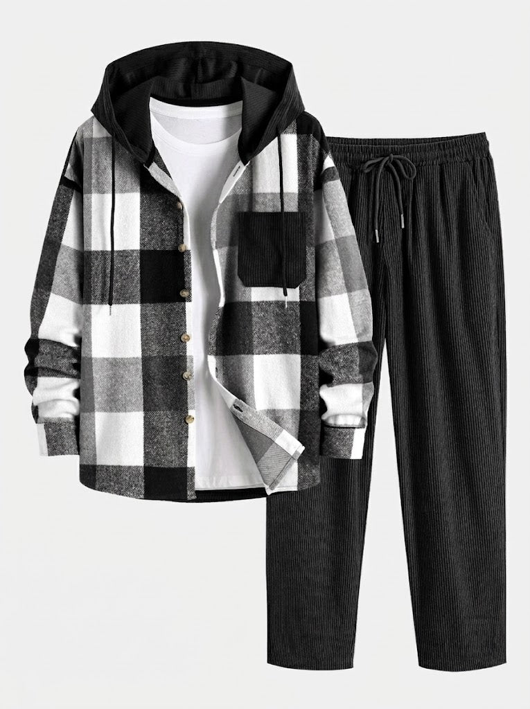 Men’s Hooded Flannel Shirt and Corduroy Trouser Set – Relaxed Autumn Casualwear