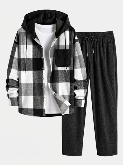 Men’s Hooded Flannel Shirt and Corduroy Trouser Set – Relaxed Autumn Casualwear