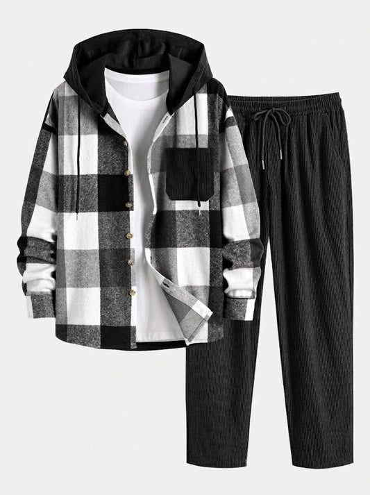 Men’s Hooded Flannel Shirt and Corduroy Trouser Set – Relaxed Autumn Casualwear
