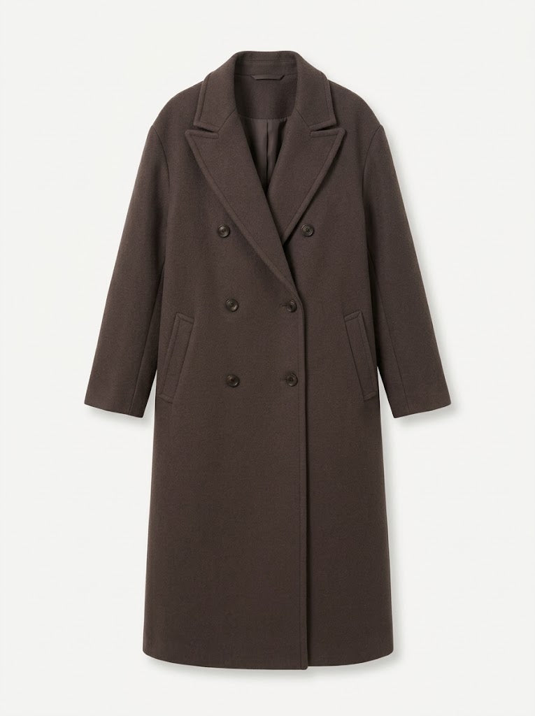 Women’s Oversized Double-Breasted Longline Coat – Relaxed Lapel Overcoat with Rear Vent for Work and City Wear