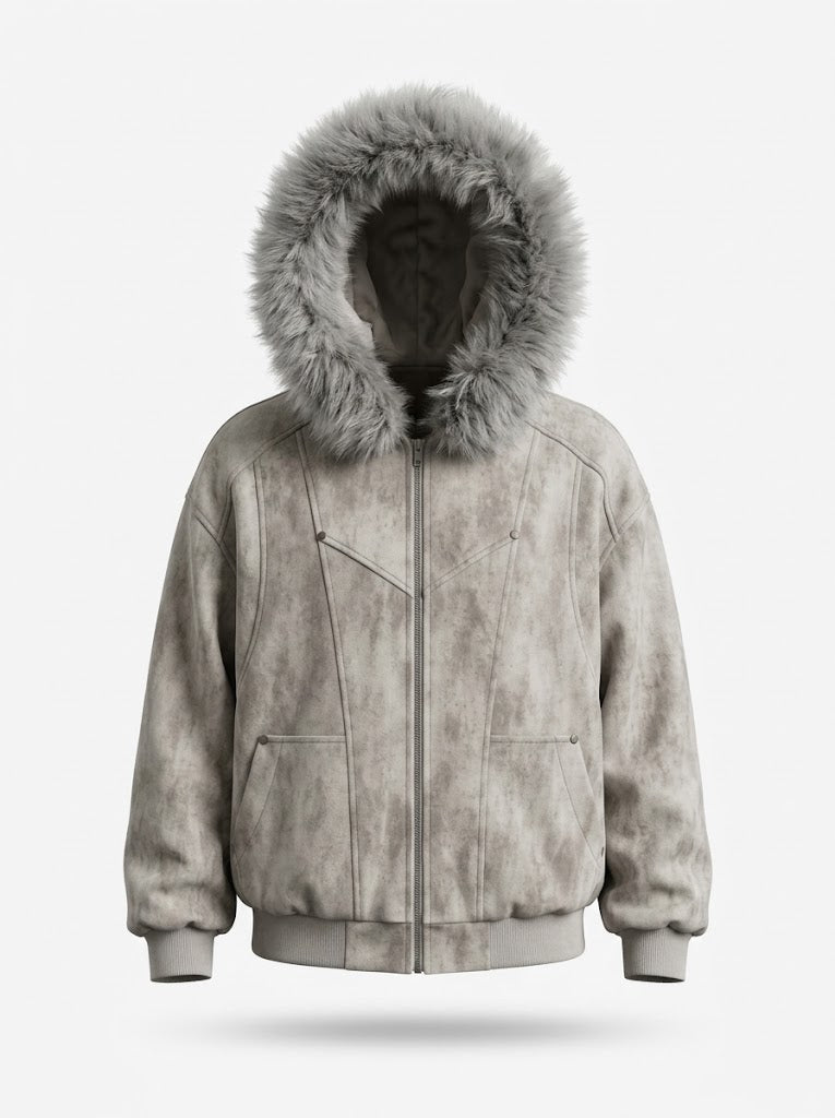 Men’s Fur-Trimmed Hooded Bomber Jacket – Oversized Zip-Up Winter Coat with Utility Pockets