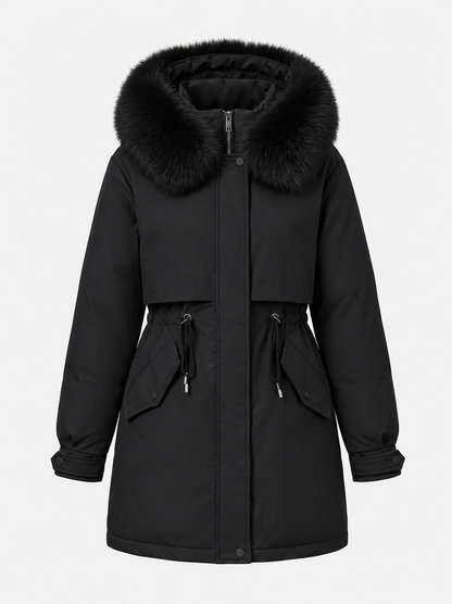 Women’s Faux-Fur Hooded Parka – Drawstring-Waist Winter Coat for Cold Weather