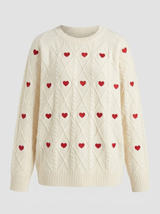 Women’s Heart Pattern Cable-Knit Sweater – Relaxed Crew-Neck Pullover for Cosy Seasonal Styling