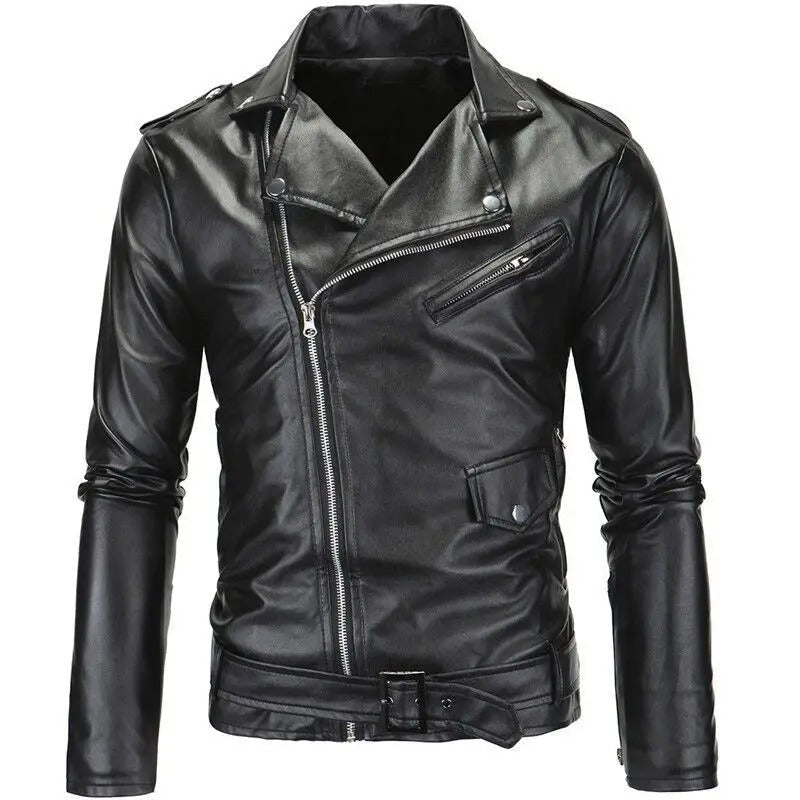 Men’s Asymmetric Zip Biker Jacket – Slim Faux Leather Layer for Urban and Weekend Wear