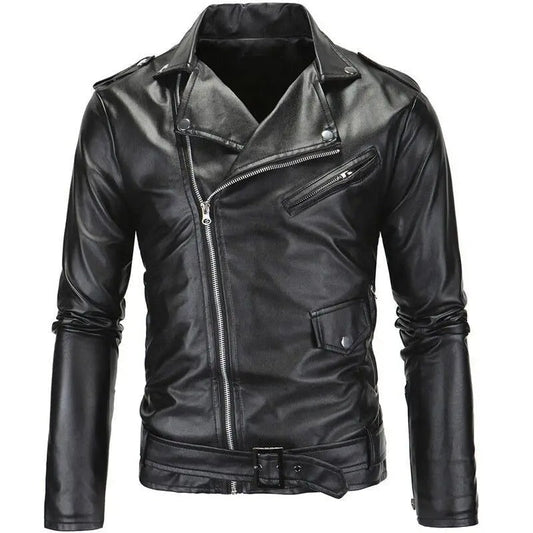 Men’s Asymmetric Zip Biker Jacket – Slim Faux Leather Layer for Urban and Weekend Wear