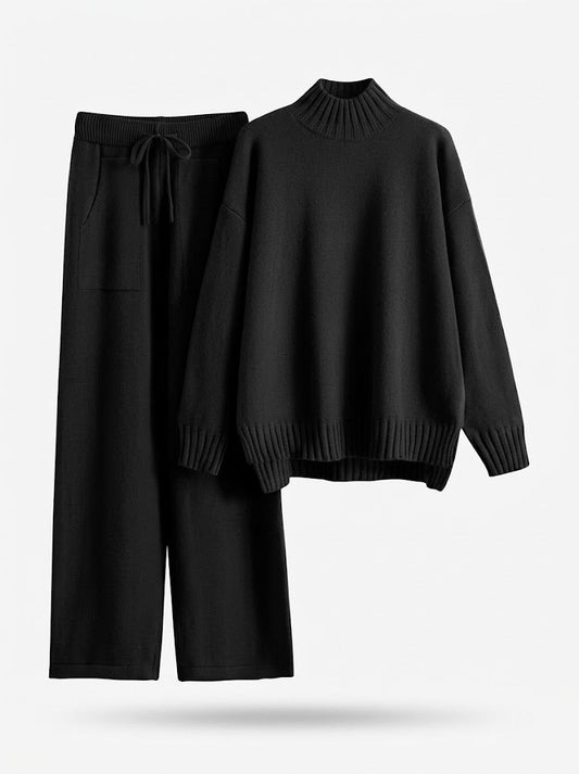 Women’s Mock-Neck Knit Co-Ord Set – Drawstring Wide-Leg Trousers for Autumn and Winter Leisurewear