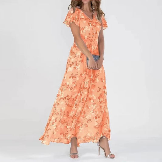 Women’s Printed V-Neck Maxi Dress – Flowing Summer Wedding Guest Style
