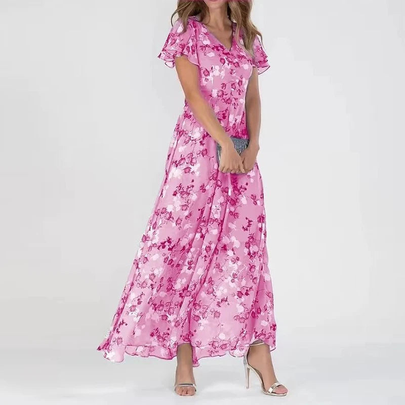 Women’s Printed V-Neck Maxi Dress – Flowing Summer Wedding Guest Style