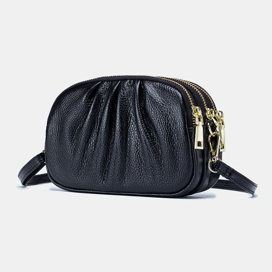 Women’s Genuine Leather Crossbody Bag – Pleated Compact Design with Three Zip Compartments