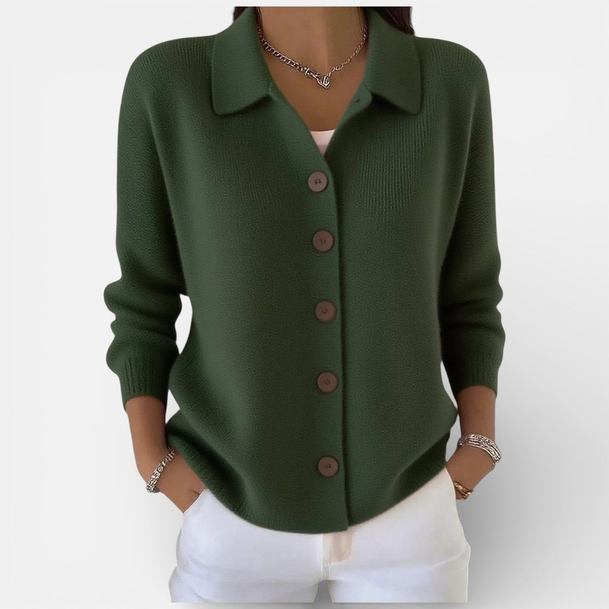 Women’s Knitted Blouse – Polo Collar Top with Full Button Placket