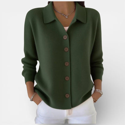 Women’s Knitted Blouse – Polo Collar Top with Full Button Placket