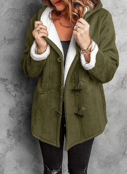 Women’s Fleece-Lined Hooded Duffle Coat – Relaxed Mid-Length Winter Outerwear with Toggle Closures and Plush Cuffs