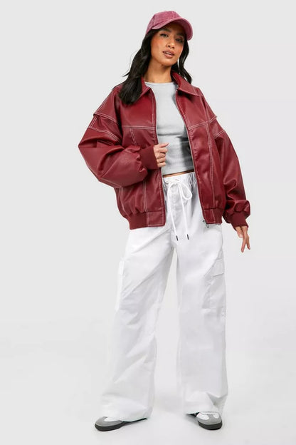Women’s Oversized Bomber Jacket – Ribbed Cuffs with Stand Collar