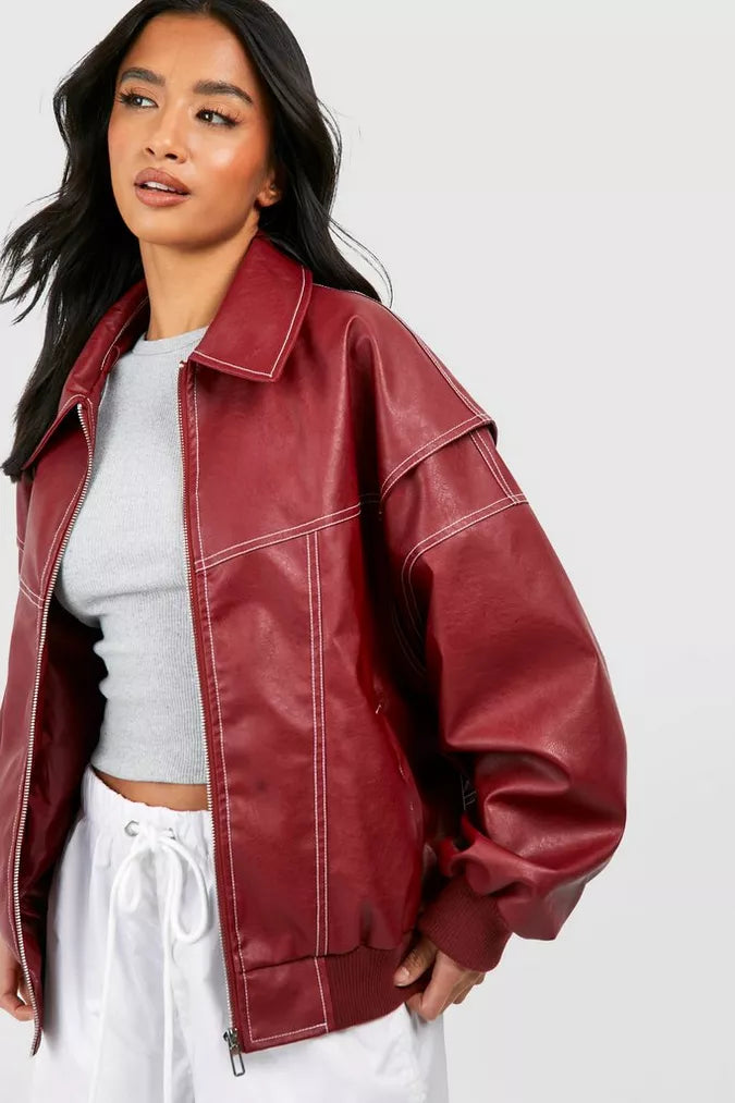 Women’s Oversized Bomber Jacket – Ribbed Cuffs with Stand Collar